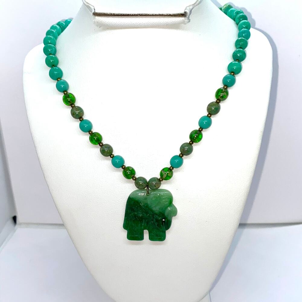 Handmade Bead Teal Rocks & Green Elephant Necklace